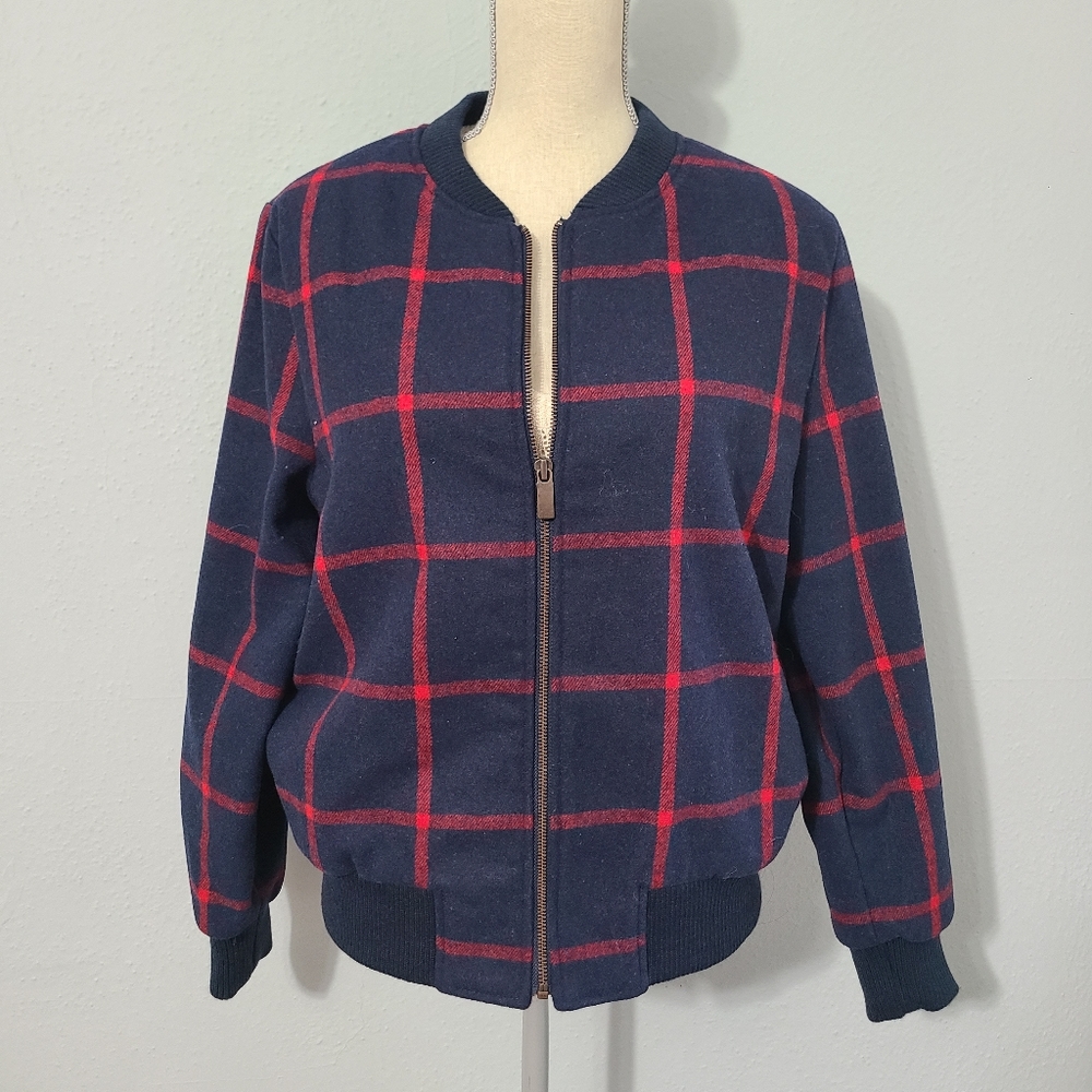 Old Navy Womens Blue Red Windowpane Zip Up Jacket Soft White Fleece Lining Large